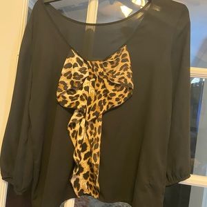 Sheer Black Blouse with Leopard Bow Back